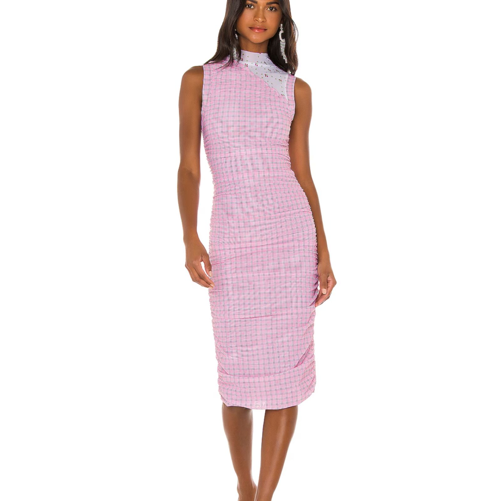 Miaou Sofia Ruched Mesh Midi Dress Pink Plaid Small